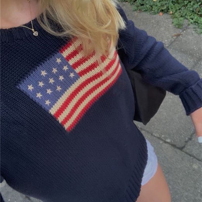 Women s Sweaters Y2K Women Winter Vintage Ladies American Flag Knit Sweater Aesthetics Long Sleeve Oversize Pullover Tops Clothes l231107