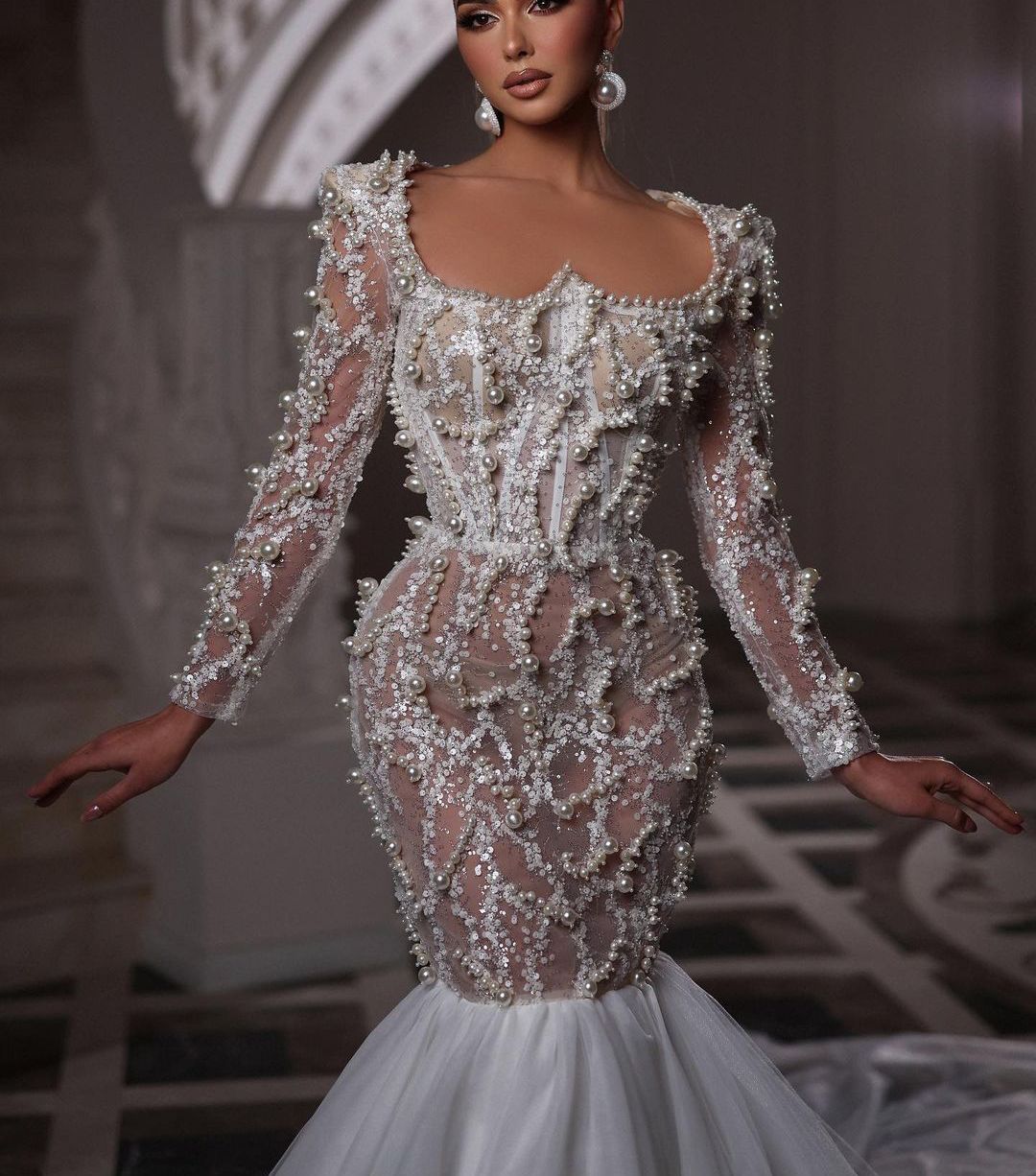 Exquisite Mermaid Wedding Dresses Long Sleeves V Neck Appliques Sequins Ruffles Diamonds Pearls Lace Train Floor Length Bridal Gowns Custom Made abiti