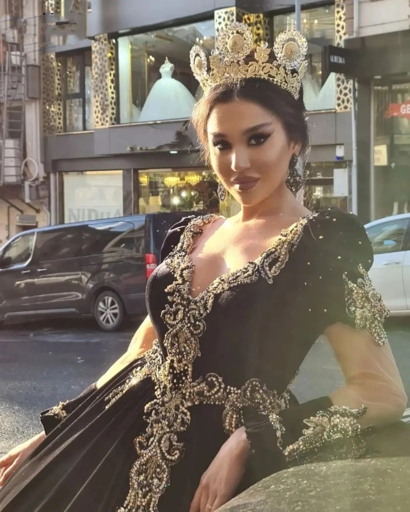 Albanian Robes Long Sleeve Prom Occasion Dresses 2023 Black Gold Lace Beaded Traditional Kosovo Evening Reception Gowns