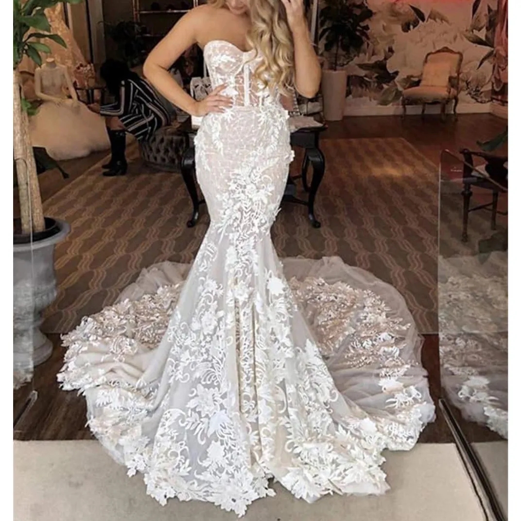 Sweetheart Sleeveless Wedding Dresses Lace Appliques Mermaid Bridal Gowns Wedding Party Brides Gown Plus Size Vestidos De Novia