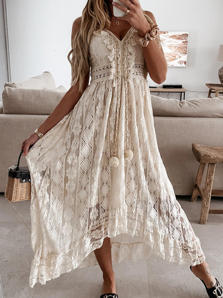 Casual Dresses Summer Bohemian Long Dress Women's Lace V-Neck Spaghetti Shoulder Strap Dress Women's Shoulder Beach Sun Dress White Dress Ve