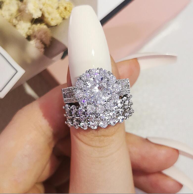 Choucong Sparkling Wedding Rings Luxury Jewelry 925 Sterling Silver Round Cut White Topaz CZ Diamond Gemstones Party Women Bridal Couple Ring Set Gift
