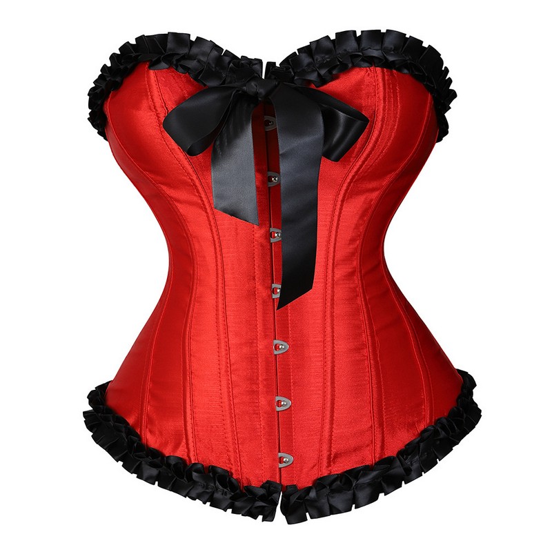 Women Ruffle Trim Satin Overbust Corset with Self-tie Bow XS-3XL Fashion Showgirl Clubwear Shaper Multi-colors Christmas Outfit