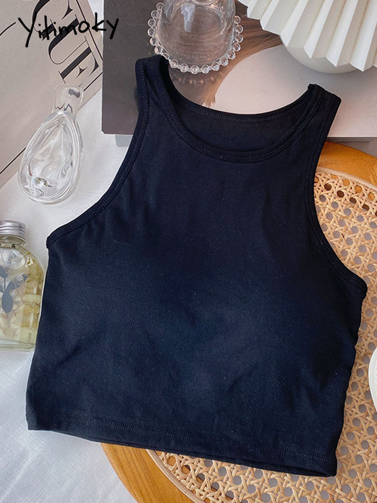 Camisoles Tanks Yitimoky Tank Tops for Women Summer Blended Backless Short Camis Sexy Crop Halter Top Solid Casual Clothing Streetwear 230413