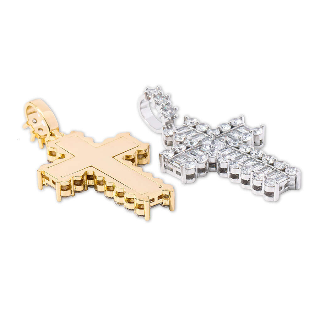 Ins Cross Pendant Square Round Zircon Double Cross Necklace Baguette Cubic Zirconia Icecd Out 18k Gold Hip Hop Punk Jewelry Bling Gemstone Rapper Jewe
