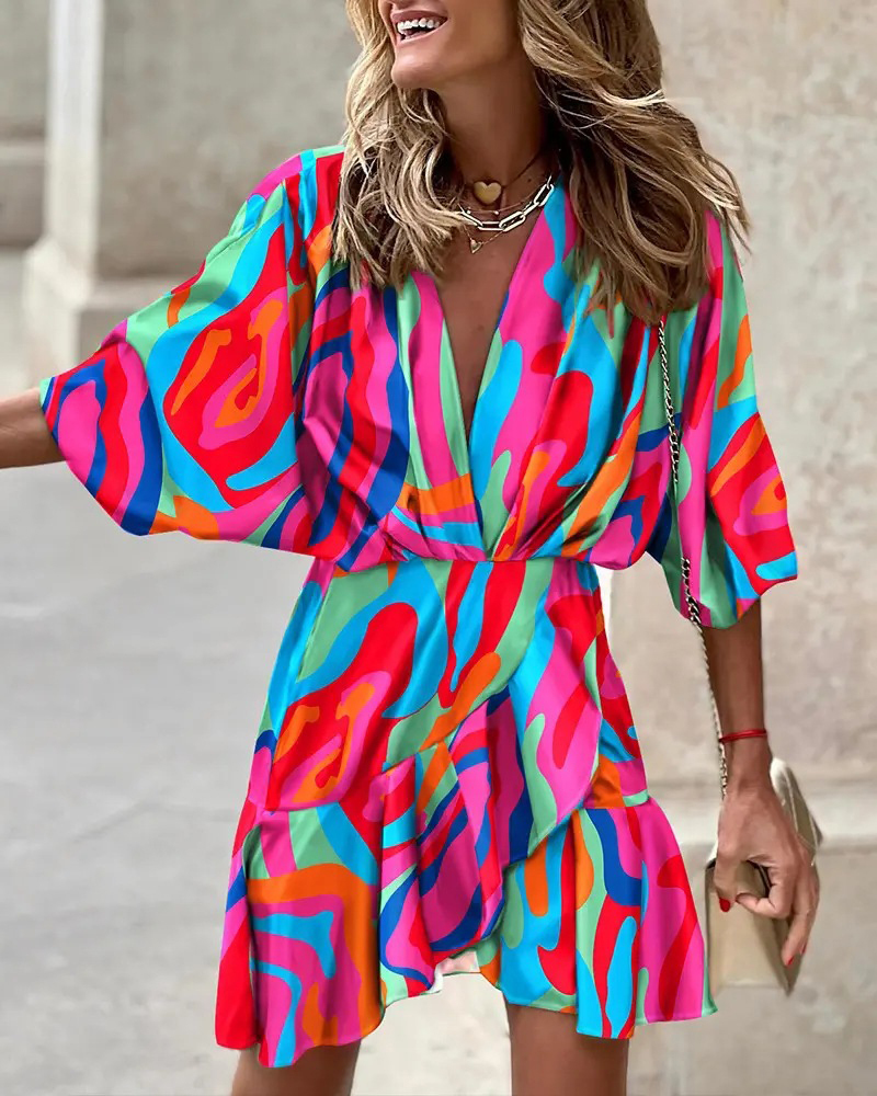 Women's Casual Bohemian Mini V-Neck Bat Sleeve Ruffled Sun Dress For Vacation, Jersey Print A-E Dress, Spring Fashion