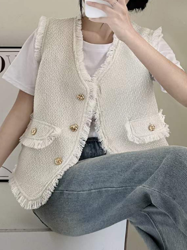 Women's Vests HMA vintage tweed tassel sleeveless coat women's single chest V-neck vest sweet loose jacket casual classic vest 230408