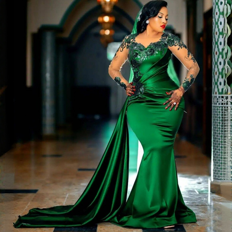 Dark Green Mermaid Dresses Long Sleeves Elastic Satin Tulle Appliqued Evening Gowns Sexy Ruched Lace Formal Dress Sequined Beaded Party