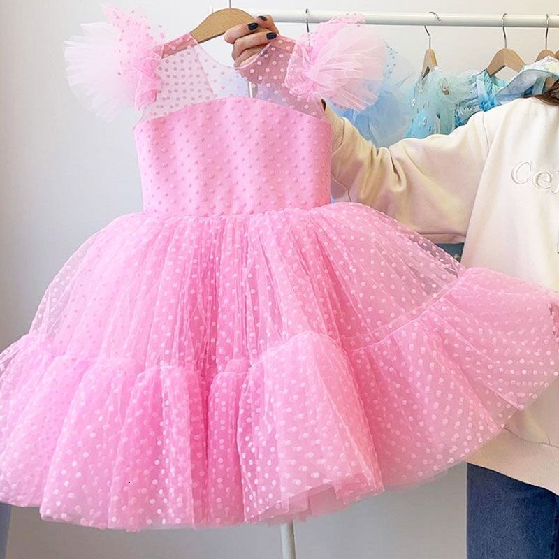 Girl's Dresses 4-10T Girl Princess Dress Kids Short Sleeve Dot Birthday Tulle Tutu Gown Evening Party Costume Toddler Casual Clothes 230413