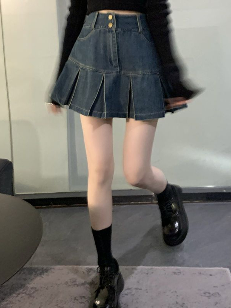 Skirts Fairycore Y2k Aesthetics A-line Patch Work Fold Ski High Waist Ultra Thin Vintage Denim Ski Harajuku Street Fashion Faldas 230408