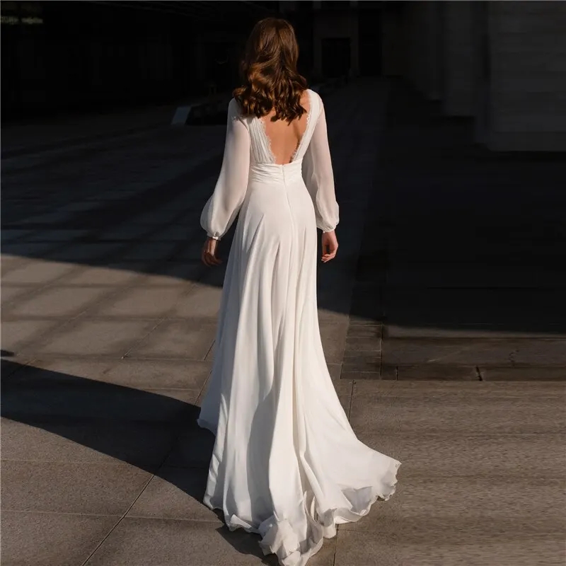 Sexy High Split Wedding Dress For Women 2024 Bride Summer Beach V-Neck Lace Bridal Gowns Puff Sleeve Vestido De Novia