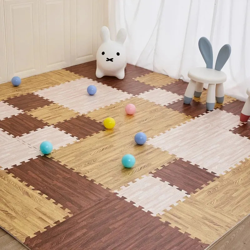 Baby Rugs Playmats 16Pcs DIY EVA Foam Floor Mat Interlocking Puzzle Tile Wood Grain Kids Toys Playmat for Yoga Gym Exercise Playground Protection 2311