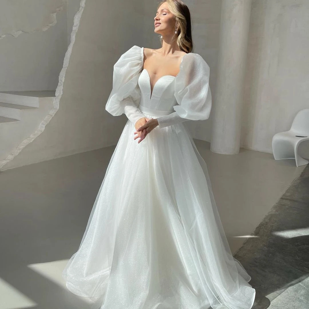 Modest Top Sequined Wedding Dress 2024 Sweetheart Puff Sleeve Boho A-Line Tulle Princess Bridal Party Gown Vestido De Novia New