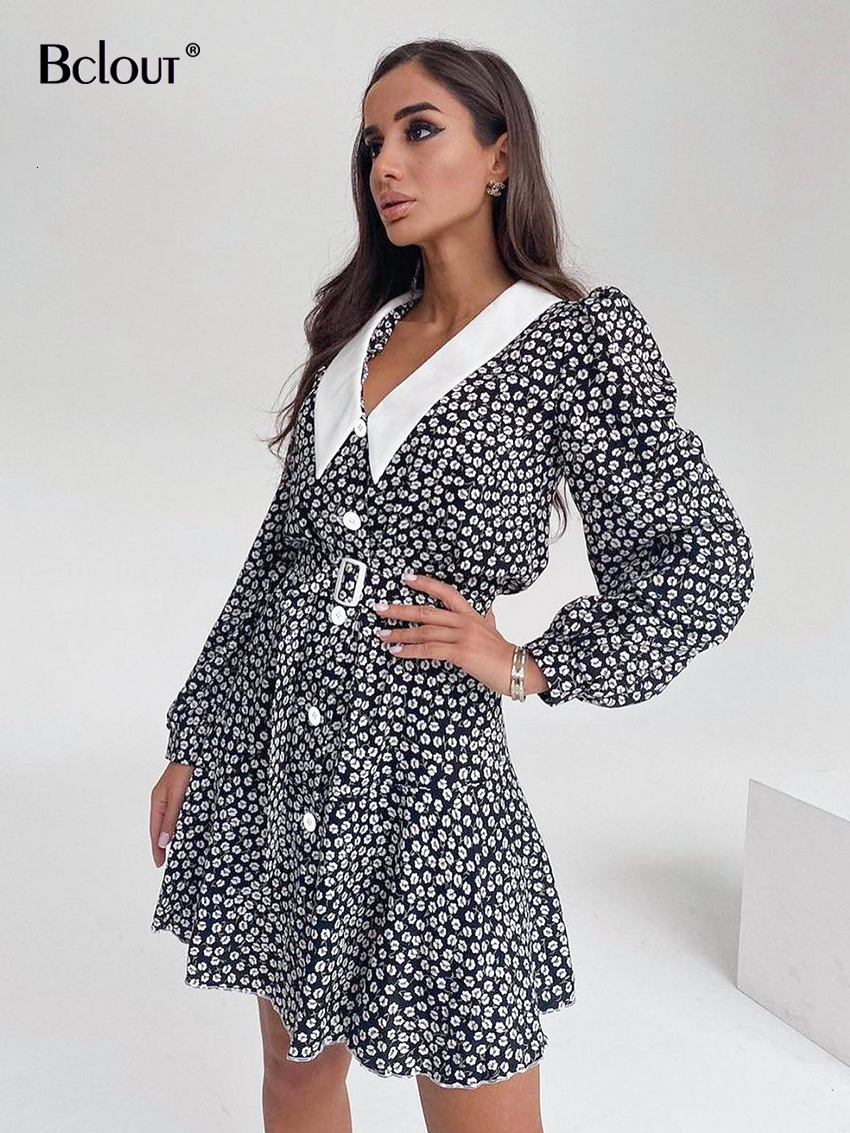 Casual Dresses Bclout Summer Print Dress Women's Elegant Peter Pan Neck Belt Fluffy Sleeve Dress Fashion Party A-Line Sexy Mini Dress Retro 23040