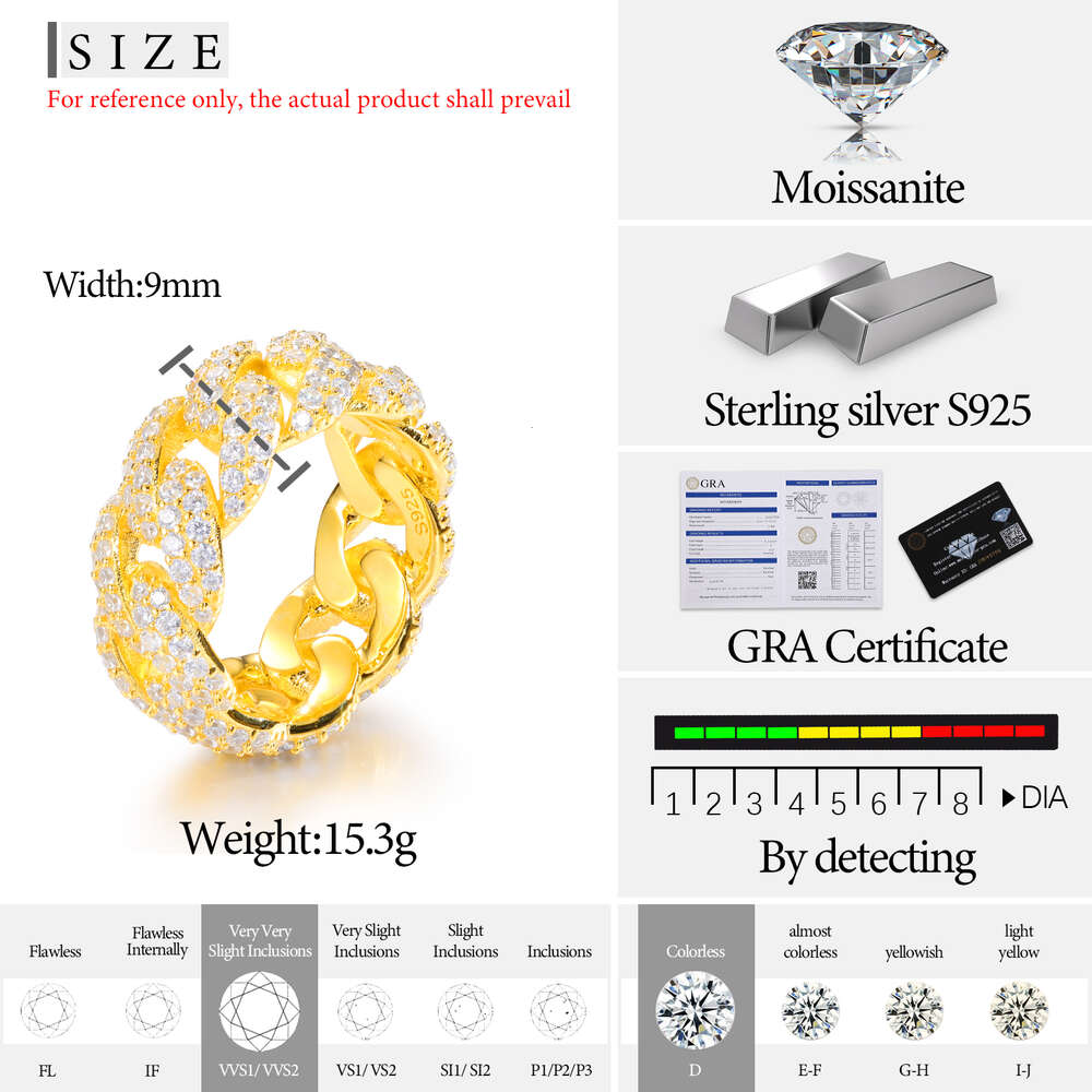 Bg Hip Hop Jewelry 9mm Gold Plated Sterg Sier Vvs Moissanite Dia Iced Out Cuban Band Ring for Men Free shipping