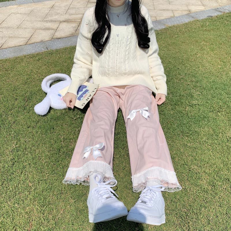 Y2k Lolita Cute High Waist Corduroy Straight Wide Leg Pants Young Women Casual Kawaii Sweet Bow Lace Relaxed Pants Girly Clothes Loose Trouser
