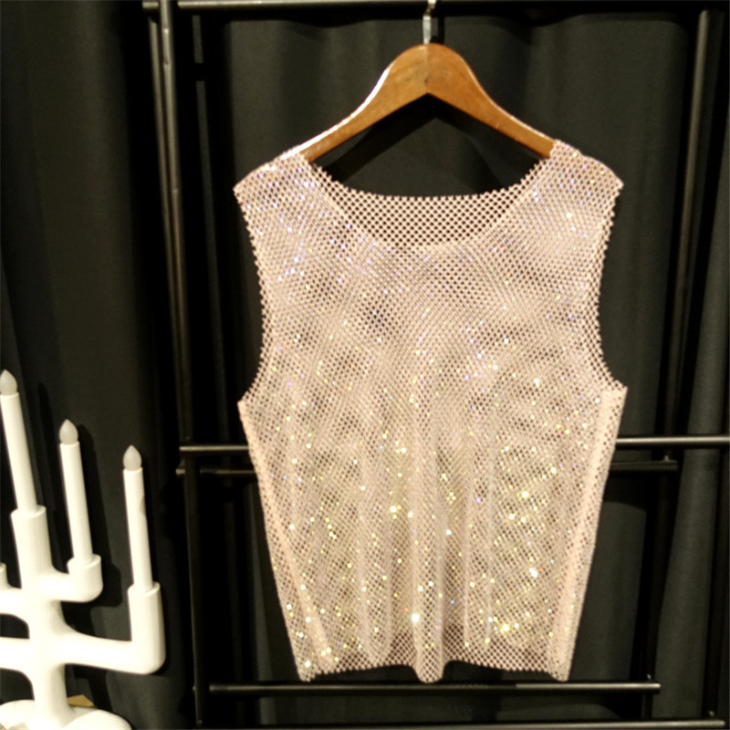 Camisoles Tanks Women's and Men's Crystal Colorful Shining Sexy Y2K High Quality Party Club Sexy Look Through Mesh Hollow Diamond 230408