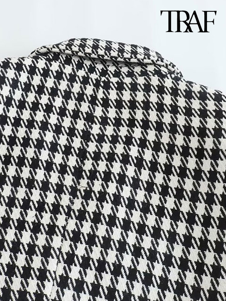 Women s Suits Blazers TRAF Women Fashion Double Breasted Houndstooth Blazer Coat Vintage Long Sleeve Flap Pockets Female Outerwear Chic Vestes 230407