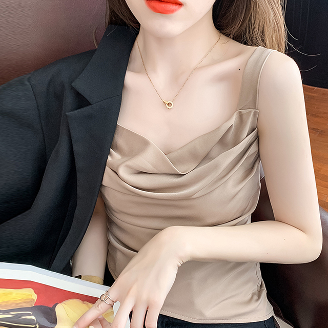 Camisoles Tanks Summer Silk Women Tops Camis Sexy Halter Top Woman Sleeveless Solid Folds Tank Tops Female V-neck Camisole Basic White Vest 230413