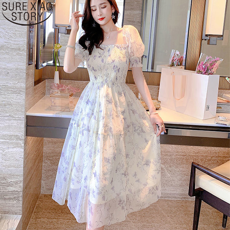 Casual Dresses Leisure Printed Party Dress Elegant Women's Dress Sweet Short Sleeve Chiffon Long Dress Summer Costume Vestidos 20044 230408