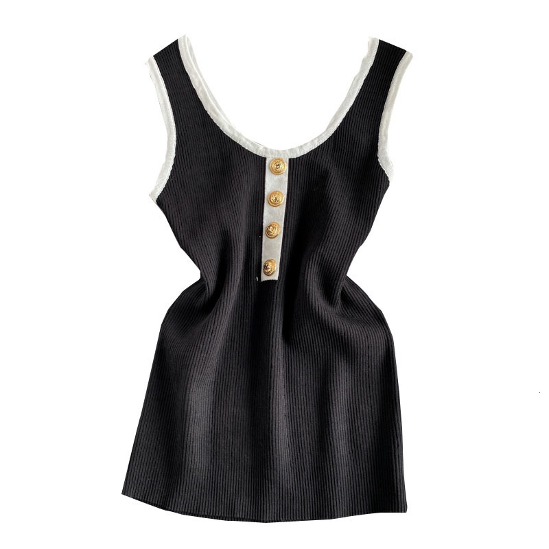 Camisoles Tanks Summer Women's Patch O-Neck Tank Top Women's Body Knitted Button Simple Elastic Tank Top Sleeveless T-shirt Women's 230