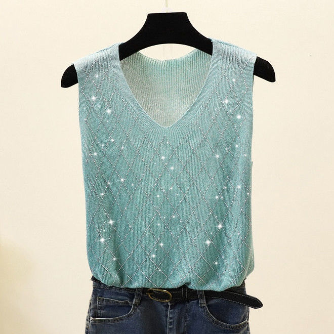 Camisoles Tanks Sexy Shiny Knitted Top Summer V-neck Diamonds Tank Top Women Slim Top Female Bling Sleeveless T-shirt Vest Camis 230413