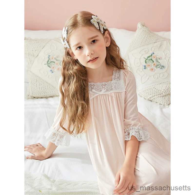 Pajamas Children Girls Pink Princess Dress Sleepwear Square Neck Sleepshirts Vintage Kids Lace Nightgown.Summer Girl Cotton Nightdress R231108