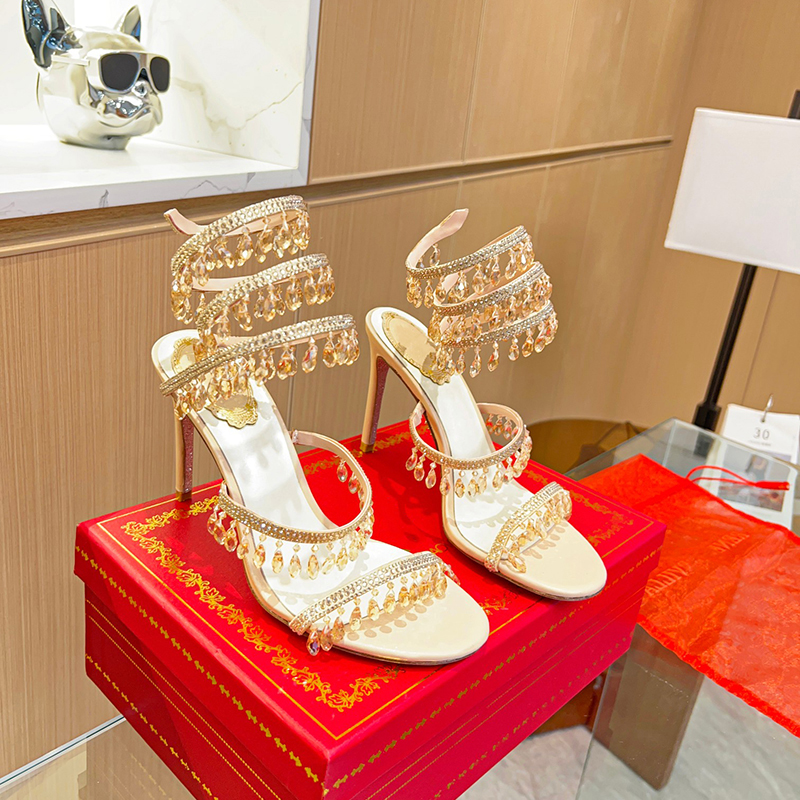 Designer Sandals Women Rene Caovilla Heel Summer Stiletto Sandal Rhinestone Ankle Wraparound Cleo Banquet Pumps Shoes With Box