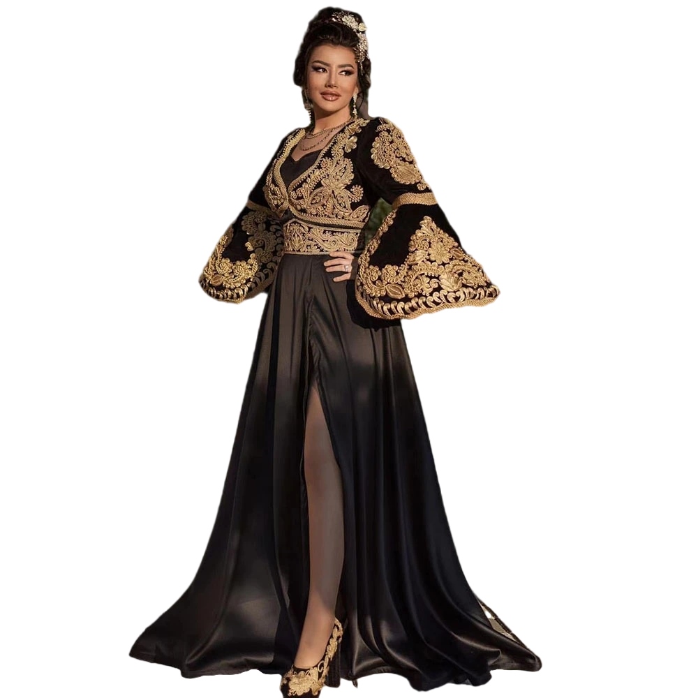 Traditional Kosovo Albanian Evening Dresses black Flared Sleeves gold Lace Applique prom occasion gown Robe De Soiree De Mariage