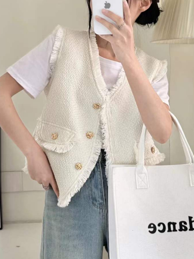 Women's Vests HMA vintage tweed tassel sleeveless coat women's single chest V-neck vest sweet loose jacket casual classic vest 230408