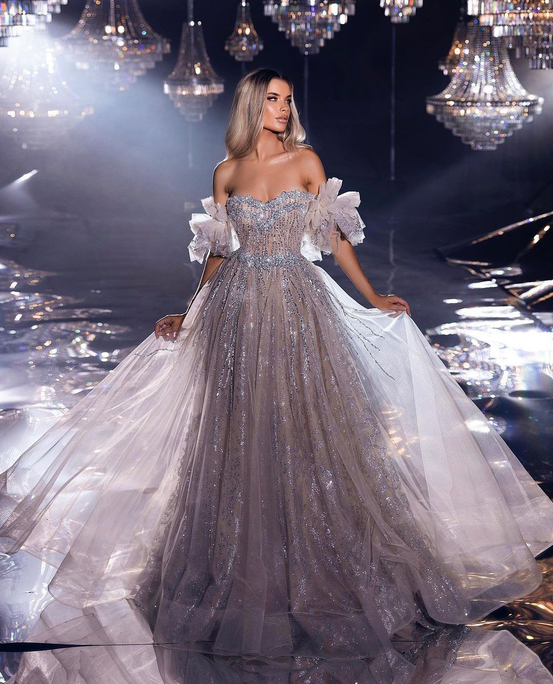 A-line Evening Dresses Cape Sleeves Sweetheart Sparkly Beaded Appliques Sequins 3D Lace Ruffles Floor Length Prom Dress Formal Gown Plus Size Gowns Pa