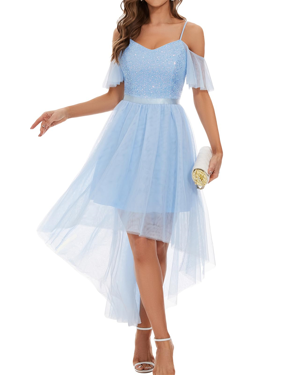 Long Prom Dresses Princess Hi-Lo Sequins Spaghetti Strap Off-the-Shoulder Sweetheart Tulle A-Line Plus Size Formal Occasion Evening Party Gown P06