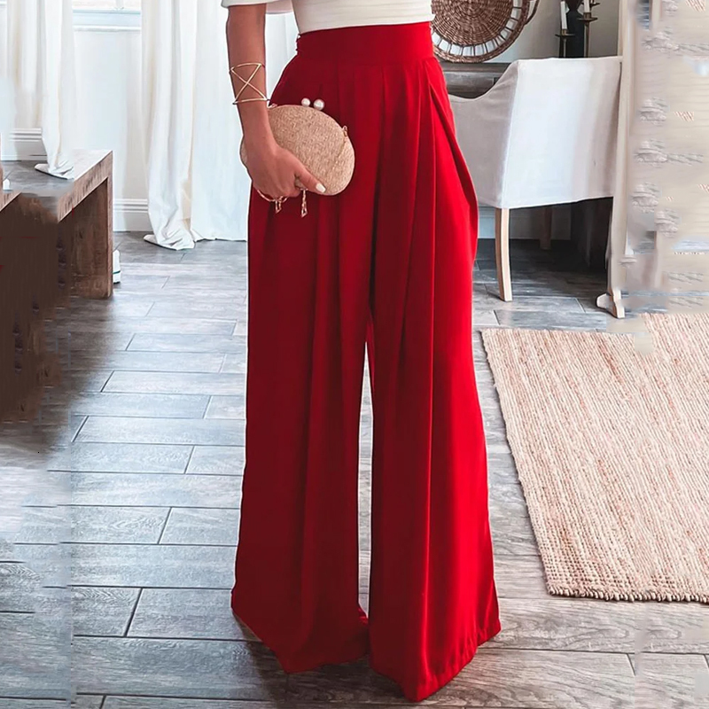 Women s Two Piece Pants Wefad Set Fashion Strapless V Neck Backless Solid Nipped Waist Top Loose Wide Legs Sets High Streetwear 230407