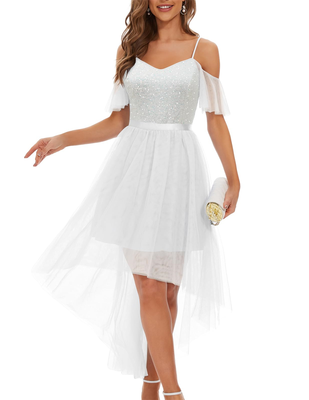 Long Prom Dresses Princess Hi-Lo Sequins Spaghetti Strap Off-the-Shoulder Sweetheart Tulle A-Line Plus Size Formal Occasion Evening Party Gown P06