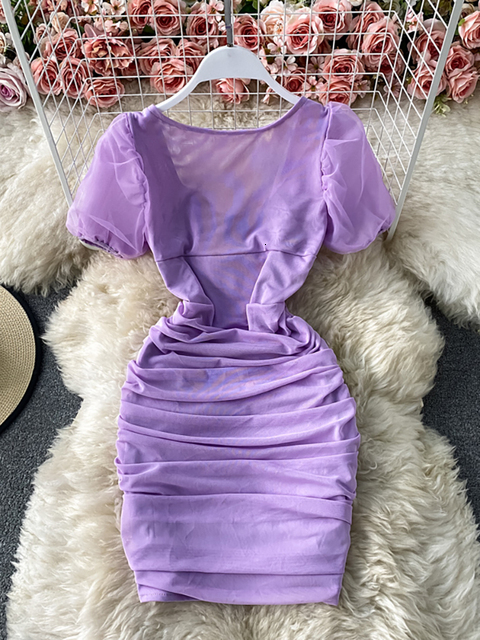 Casual Dresses Purple/Brown/Hite Sexy Mesh Tight Dress Women's Elegant Square Neck Short Sleeve Pleated Tank Top Women's Summer 230408