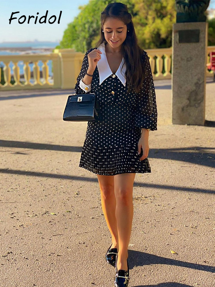 Casual Dresses Foridol Peter Pan Collar Polka Dot Vintage Chiffon Autumn Summer Dress Black Women Vestido Spring Retro Office Casual Dress 230424