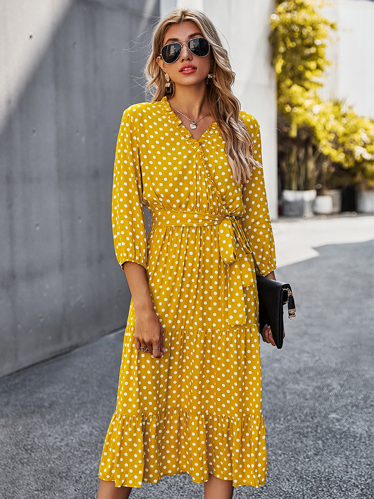 Casual Dresses Msfilia Autumn Dot Bandage Dress Women's Ruffled V-neck High Waist Ultra Thin Printed Long Dress Fashion 230408