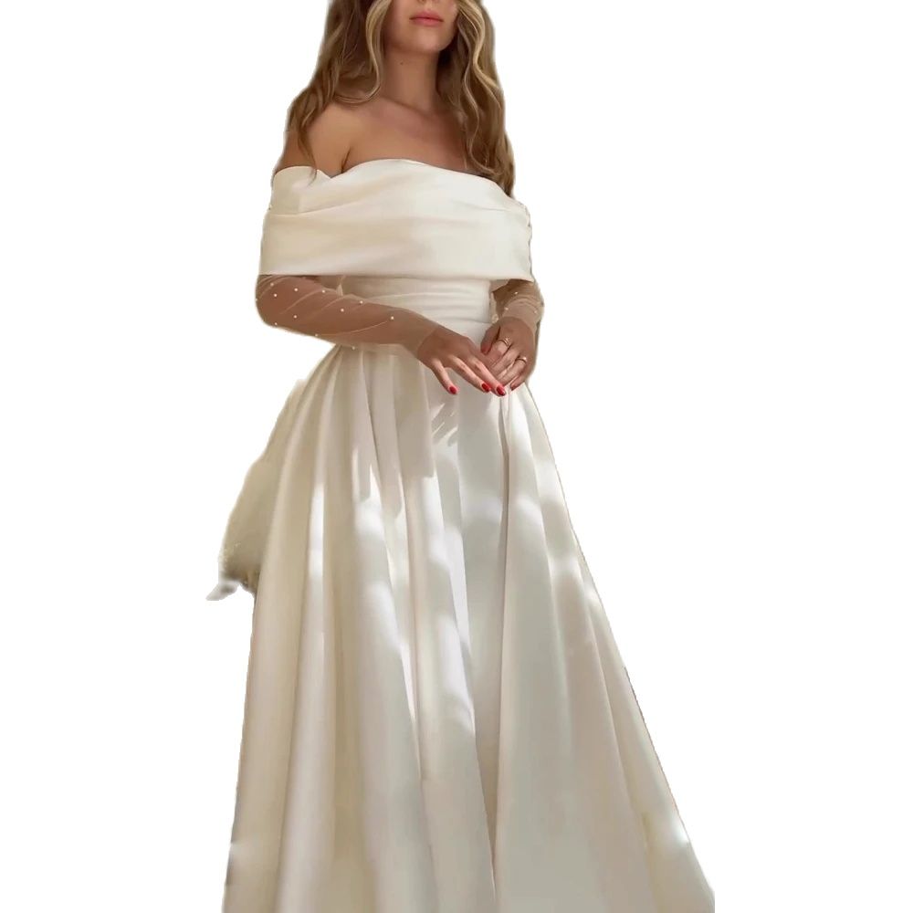 Off the Shoulder A-Line Wedding Dress 2024 Long Sleeve Pearl Princess Bride Gown Plus Size Party Vestido De Novia