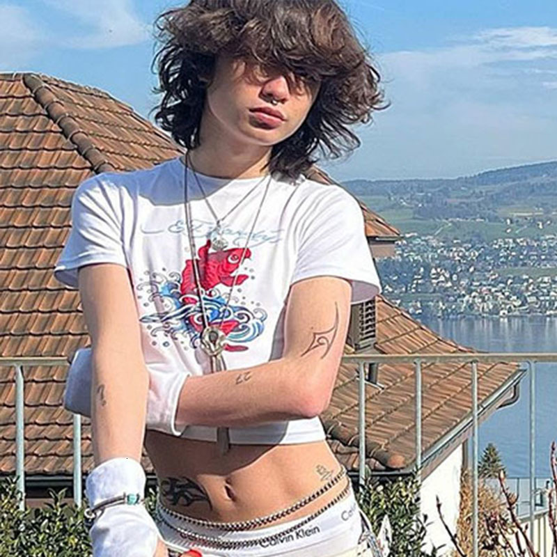 Men's T-Shirts 2000s Summer Fashion Koi Printing T Shirt Men Women Harajuku Cartoon Casual Gothic Punk Streetwear Y2k Hip Hop Crop Top Tees Gay 2