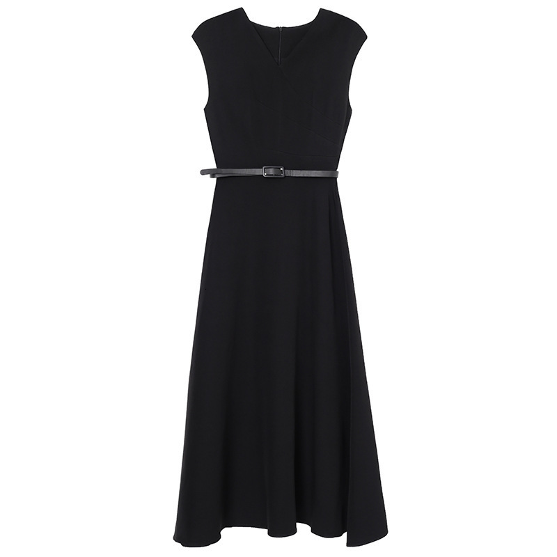Casual Dresses Black Fashion Elegant Dress Women's Summer Hepburn Style Sleeveless Belt Long V-neck A-Line Dress 230408