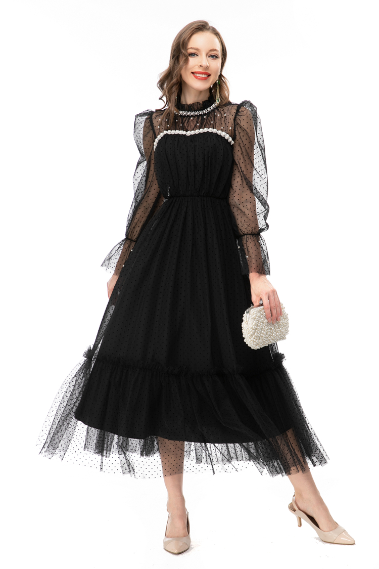 Women's Runway Dresses Stand Collar Long Sleeves Beaded Polka Dots Layered Fashion Vestidos