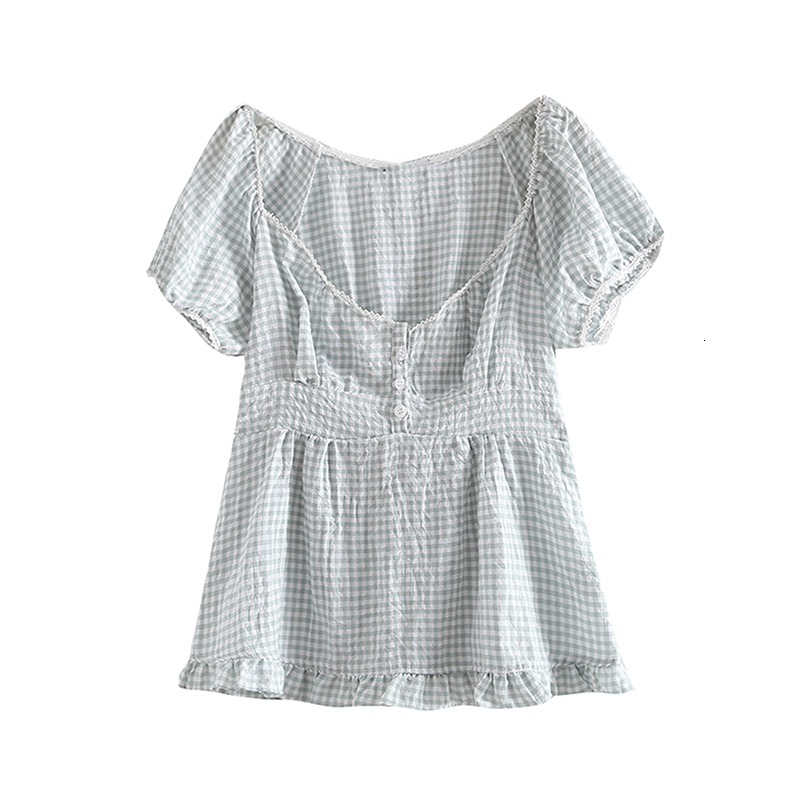 Women s T Shirt Summer Short sleeved T shirt Solid Color Check Low necked Pleated Hem Casual Tops 230407