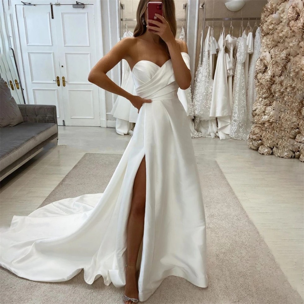 2025 New Wedding Dress One Shoulder Pleated Side Slit Satin A-Line Bridal Formal Gowns Princess Women Vestidos De Novia