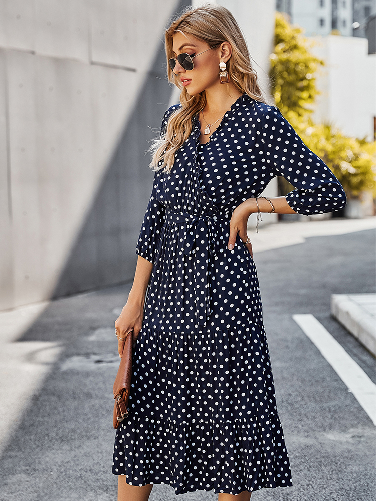 Casual Dresses Msfilia Autumn Dot Bandage Dress Women's Ruffled V-neck High Waist Ultra Thin Printed Long Dress Fashion 230408