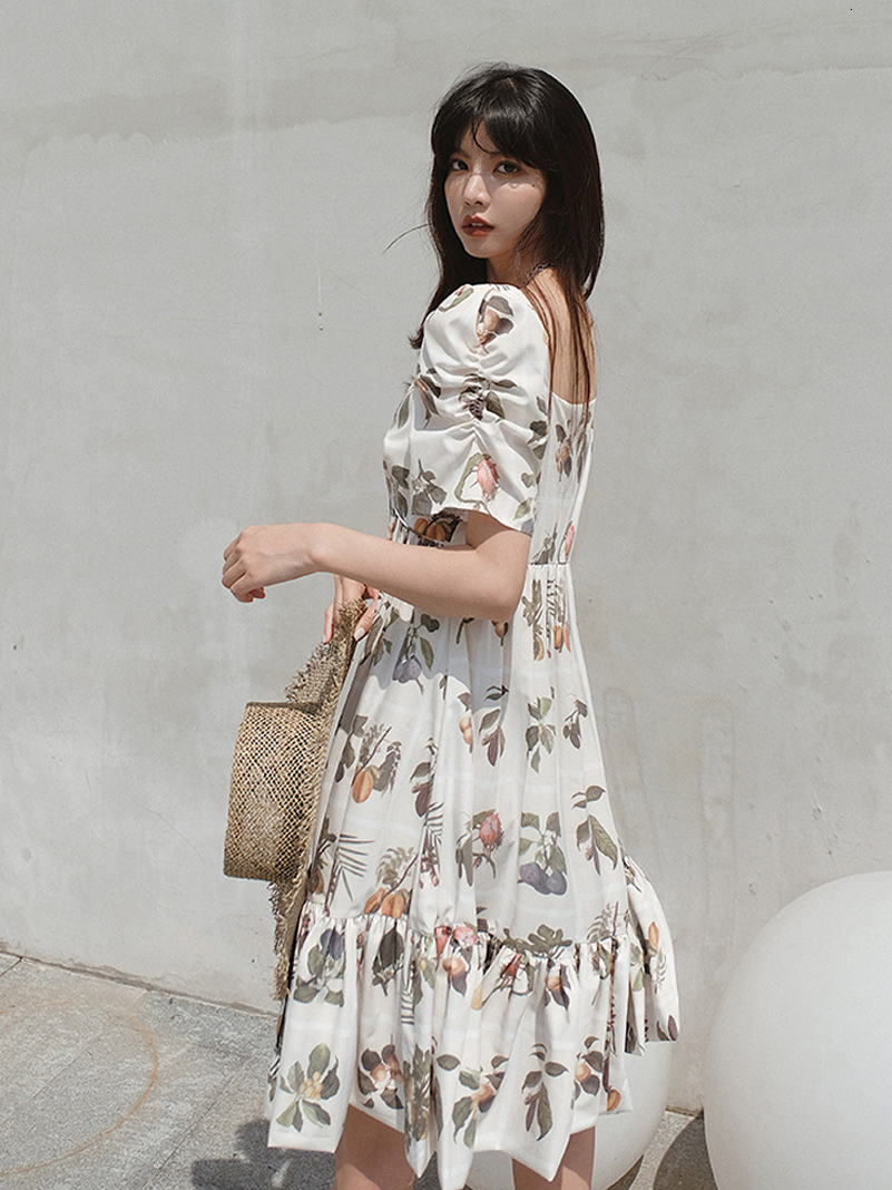 Casual Dresses Summer Women's Printed Dress Japanese and Korean Academy Style V-neck Bubble Sleep Fashion Long Dress A2167# 230408