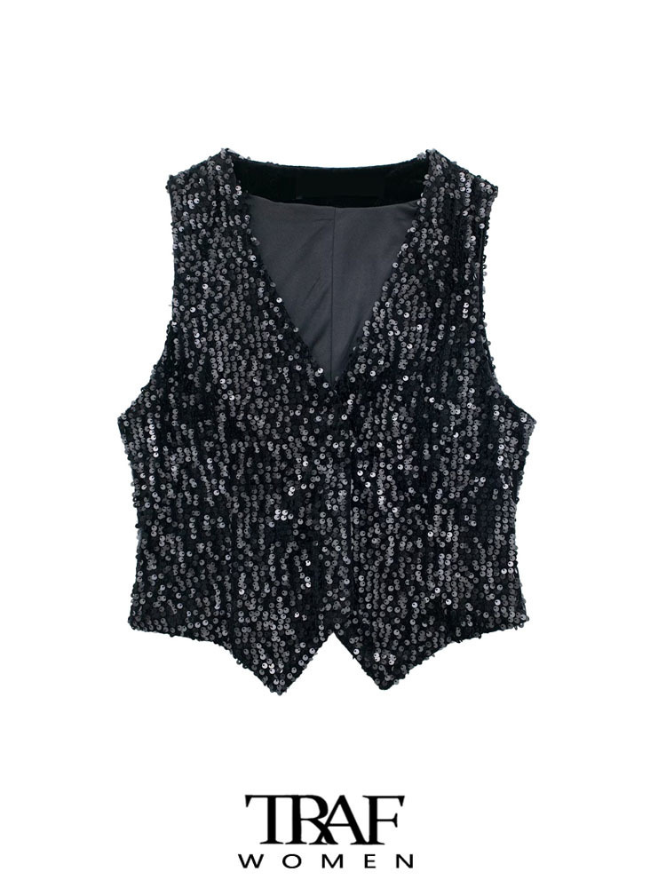 Women's Vests TRAF Women's Fashion Front Button Sequin Velvet Tank Top Vintage V-neck Sleeveless Women's Unique Top 230408