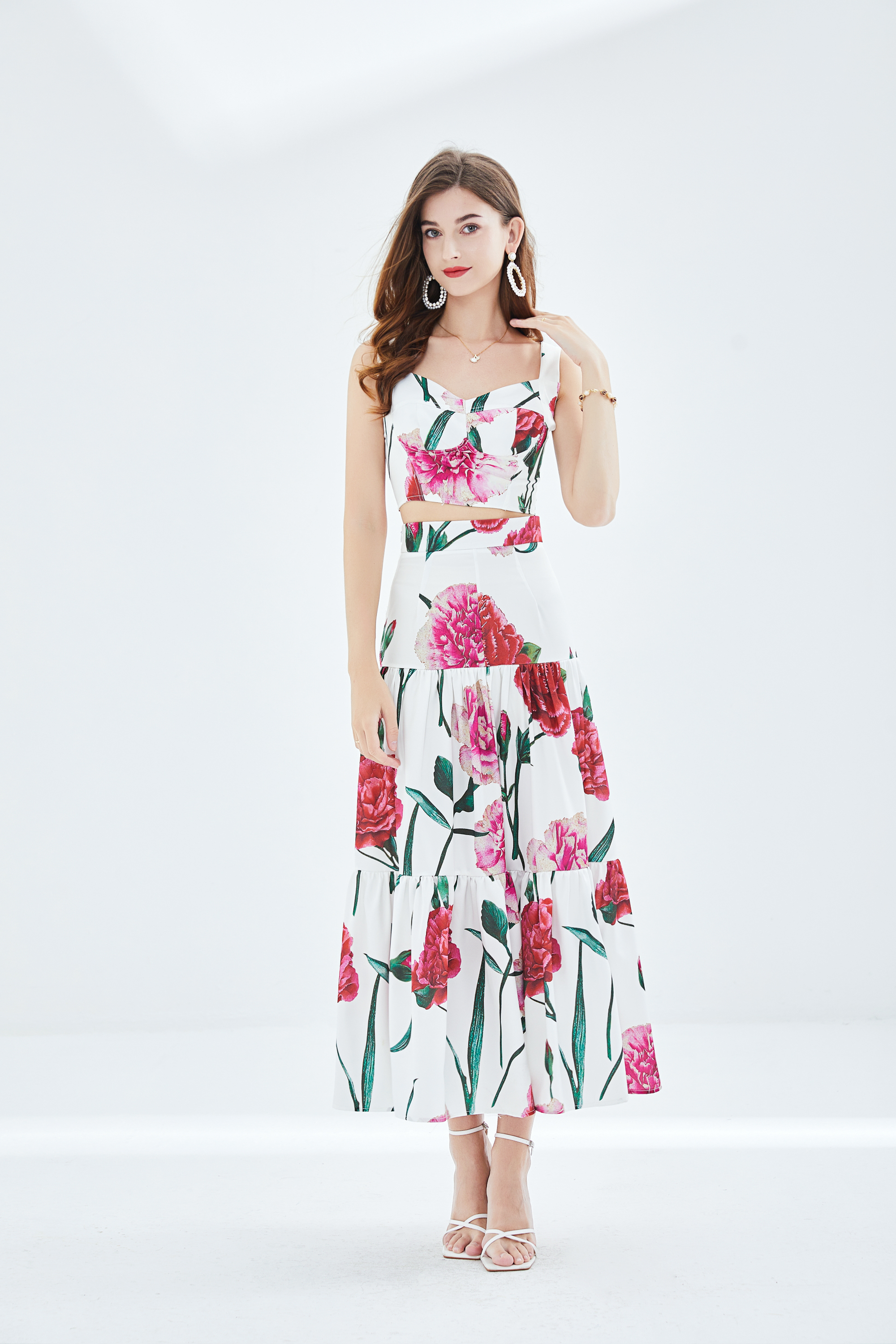 Two Piece Dress Summer Runway Sicily Floral Matching Outfits Womens Short Spaghetti Strap Crop Top Long Maxi Vacation Skirt 2 Piece Set 2023
