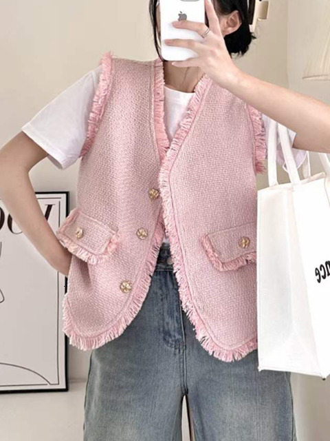 Women's Vests HMA vintage tweed tassel sleeveless coat women's single chest V-neck vest sweet loose jacket casual classic vest 230408