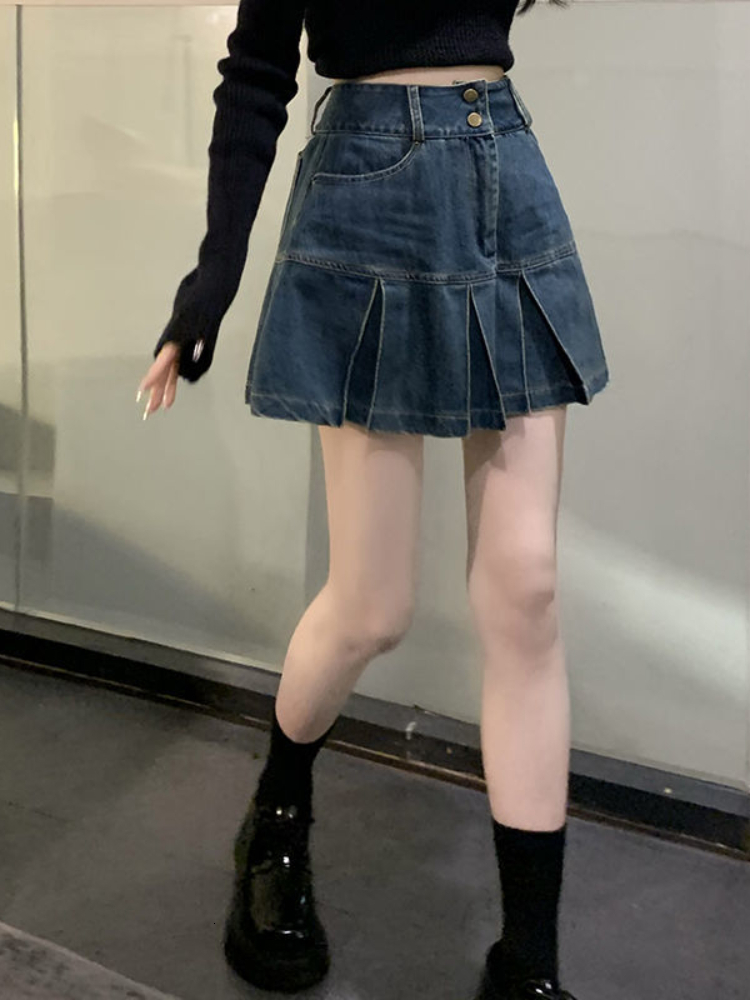 Skirts Fairycore Y2k Aesthetics A-line Patch Work Fold Ski High Waist Ultra Thin Vintage Denim Ski Harajuku Street Fashion Faldas 230408