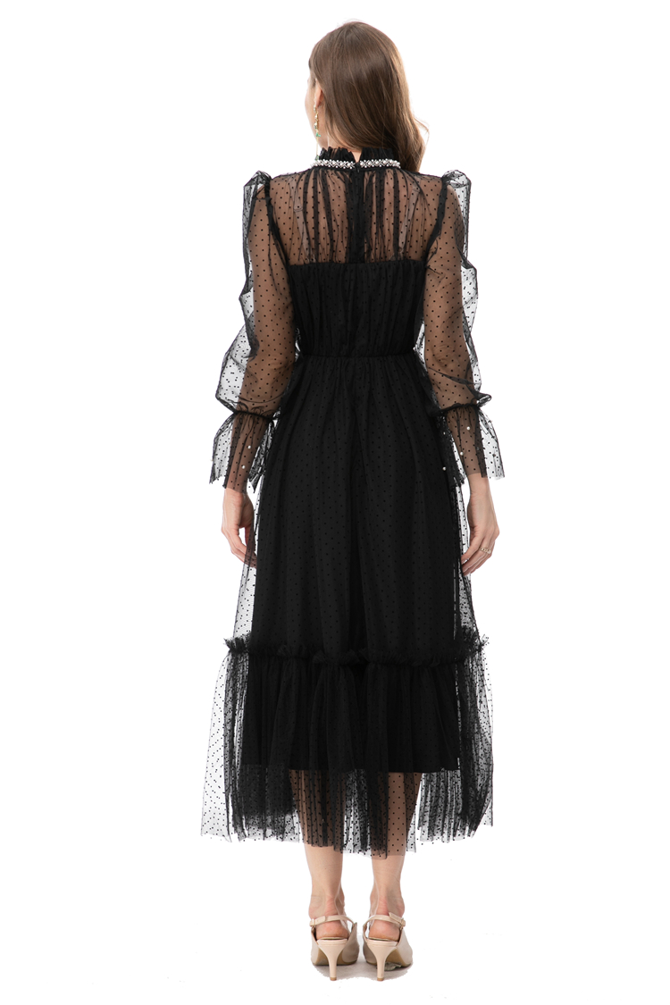 Women's Runway Dresses Stand Collar Long Sleeves Beaded Polka Dots Layered Fashion Vestidos